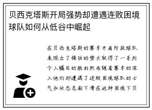 贝西克塔斯开局强势却遭遇连败困境球队如何从低谷中崛起 贝西克塔斯开局强势却遭遇连败困境球队如何从低谷中崛起